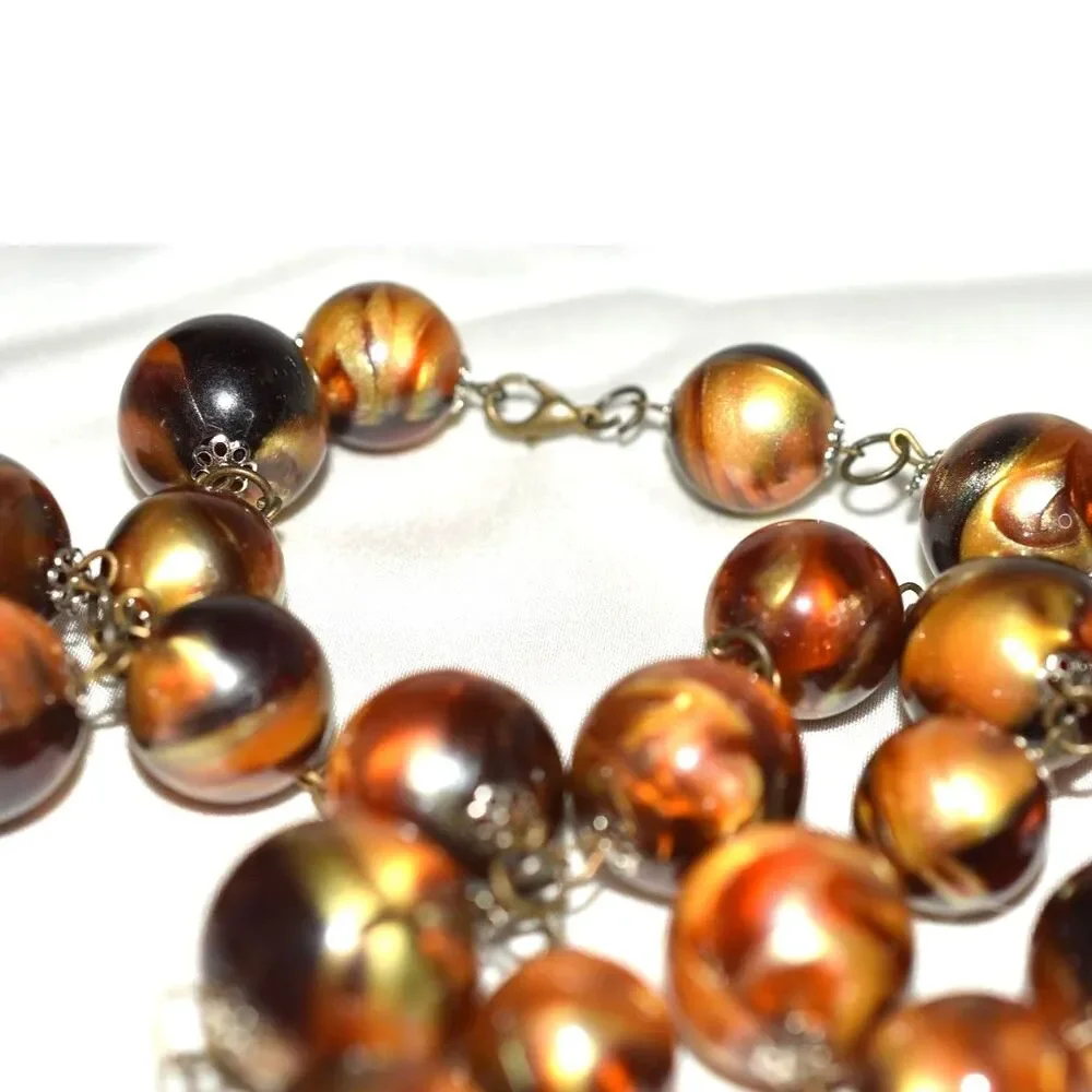 Vintage 60's Golden Swirl Resin Beads Gold Tone Link 24